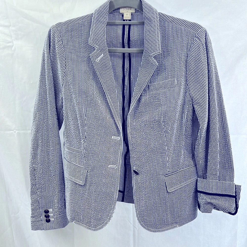 J. Crew Navy & White Striped Seersucker Blazer